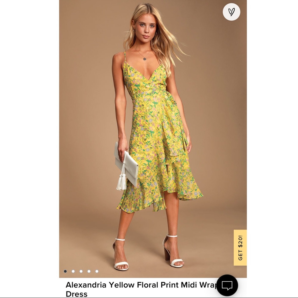 Lulus yellow floral midi wrap dress